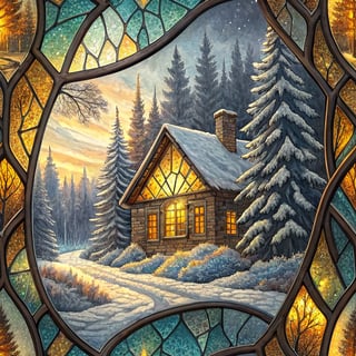 Winter Stained Glass Snowy Cabin
