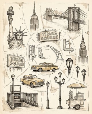Vintage NYC Landmarks Ink Sketch