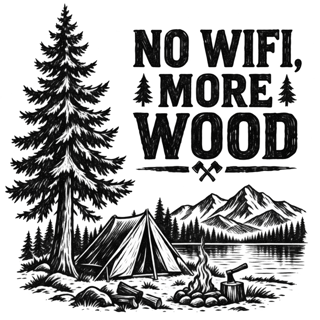 No WiFi Woodcut — Pine Tree & Tent