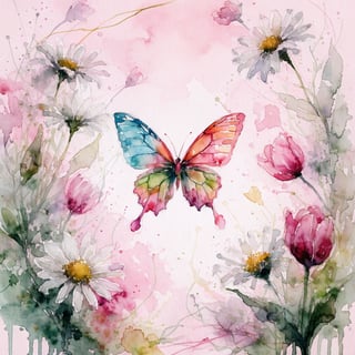 Watercolor Butterfly with Flowers