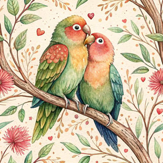 Colorful Lovebirds on Twig