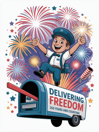 Cartoon Postal Worker with Fireworks