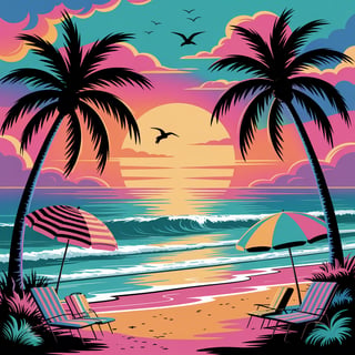1980s Neon Beach Sunset Pattern