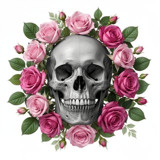 Realistic Skull with Pink Roses Artwork