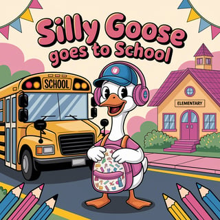 Quirky Cartoon Goose with School Bus