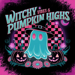 Retro Neon Ghost with Witch Hat