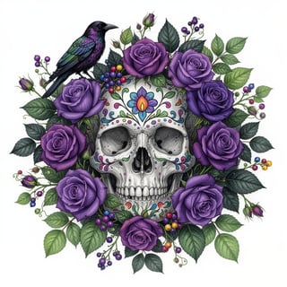 Vibrant Botanical Skull Illustration