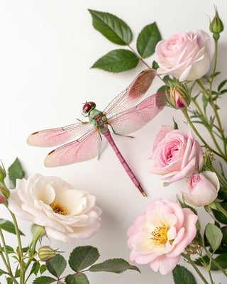 Photorealistic Dragonfly with Roses