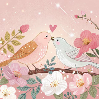 Two Birds Kissing with Flowers