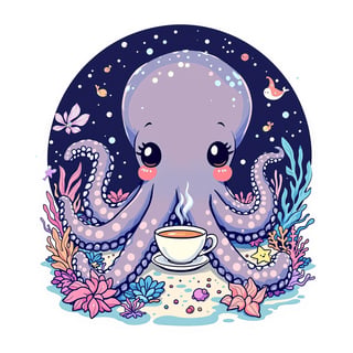 Kawaii Octopus Tea Party T-Shirt Design