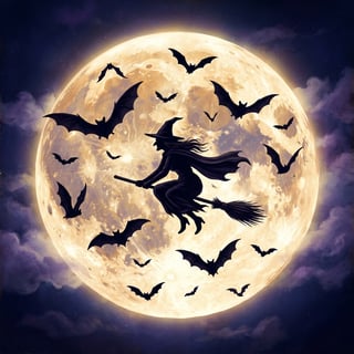 Vintage Halloween Moon Witch Illustration