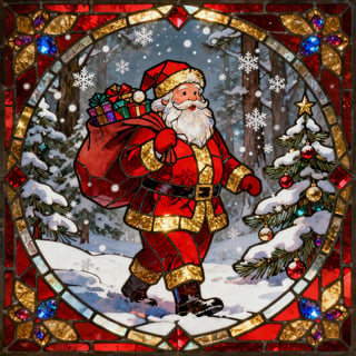 Stained Glass Santa Christmas Scene