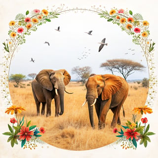 African Elephants in Floral Frame