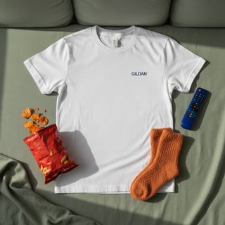 Flat-lay of White Gildan T-shirt