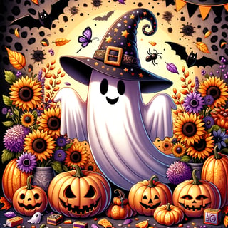 Spooky Halloween Ghost with Sunflowers