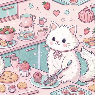 Fluffy Cat Baking in Pastel Kitchen