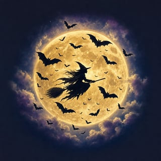 Vintage Moonlit Witch & Bats