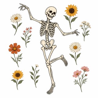 Vintage Dancing Skeleton with Wildflowers