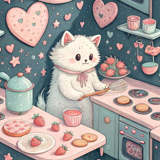 Fluffy Cat Baking in Pastel Kitchen