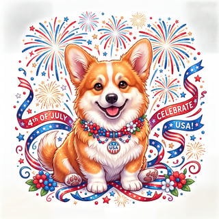 Fluffy Corgi with 4th of July Collar