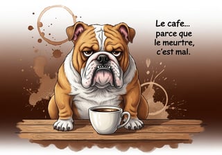 Grumpy Bulldog with Coffee Mug