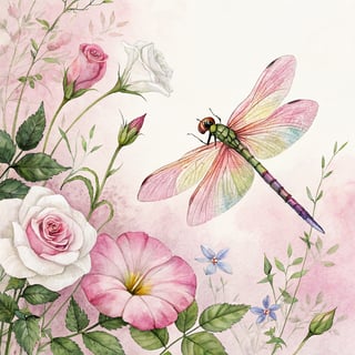 Watercolor Illustration of Dragonfly and Flowers
