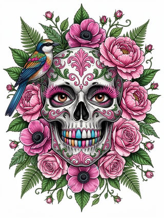 Stylized Skull with Pink Floral Art