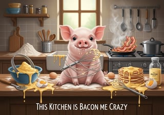 Cute Piglet in Messy Farmhouse Kitchen