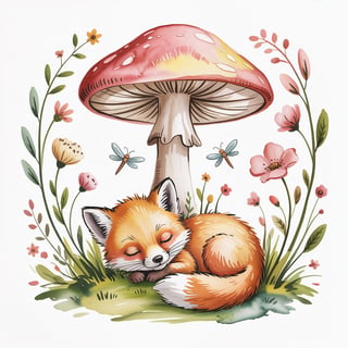 Sleepy Baby Fox Watercolor Illustration