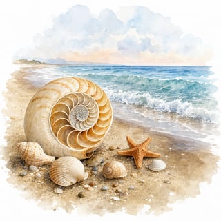 Watercolor Beach Illustration with Nautilus Shell