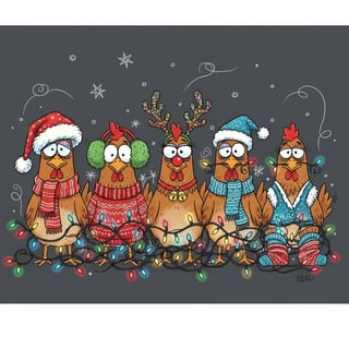 Whimsical Christmas Chickens Cartoon