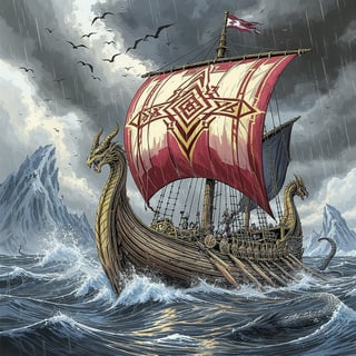 Fantasy Viking Longship in Stormy Sea
