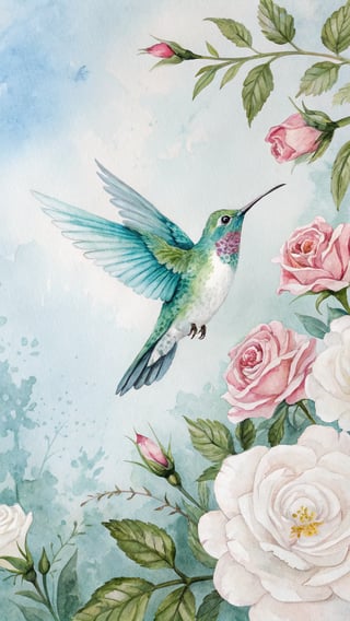 Watercolor Hummingbird with Pink Roses