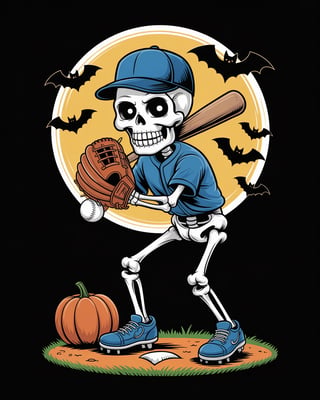 Skeleton Pitching Baseball with Pumpkin
