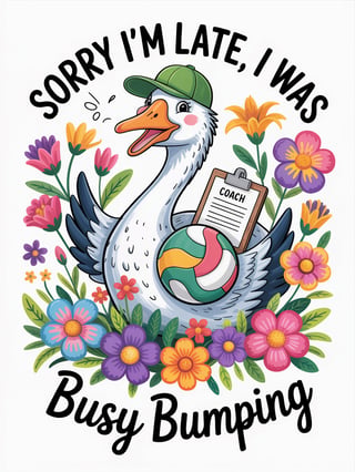 Cartoon Goose with Volleyball and Flowers