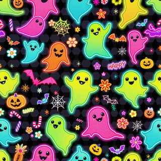 Neon Halloween Cartoon Ghosts Pattern