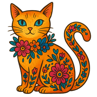 Colorful Boho Floral Cat Illustration