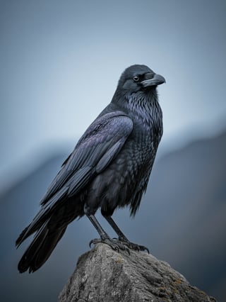 Watchful Raven Perched with Detailed Feathers