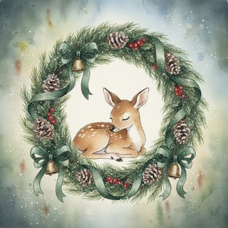 Watercolor Baby Deer in Christmas Wreath