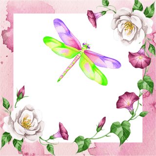 Watercolor Illustration of Dragonfly and Flowers