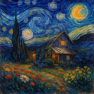 Rustic Cottage in Van Gogh Style