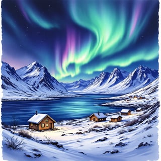 Tromso Northern Lights Watercolor Art
