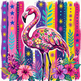 Colorful Flamingo with Floral Patterns