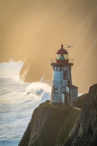 Lighthouse on Rugged Cliff at Sunset