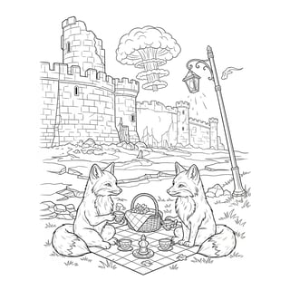 Black and White Fox Picnic Coloring Page