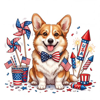 Festive Corgi with Patriotic Accessories