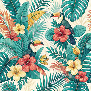 Tropical Pattern with Palm Leaves and Flowers