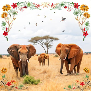 African Elephants in Floral Frame