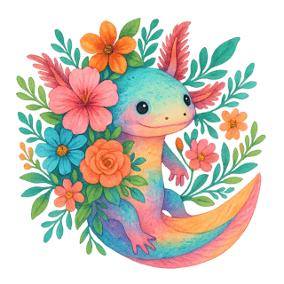 Colorful Boho Floral Axolotl Illustration