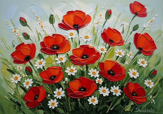 Red Poppies and Daisies Oil Painting
